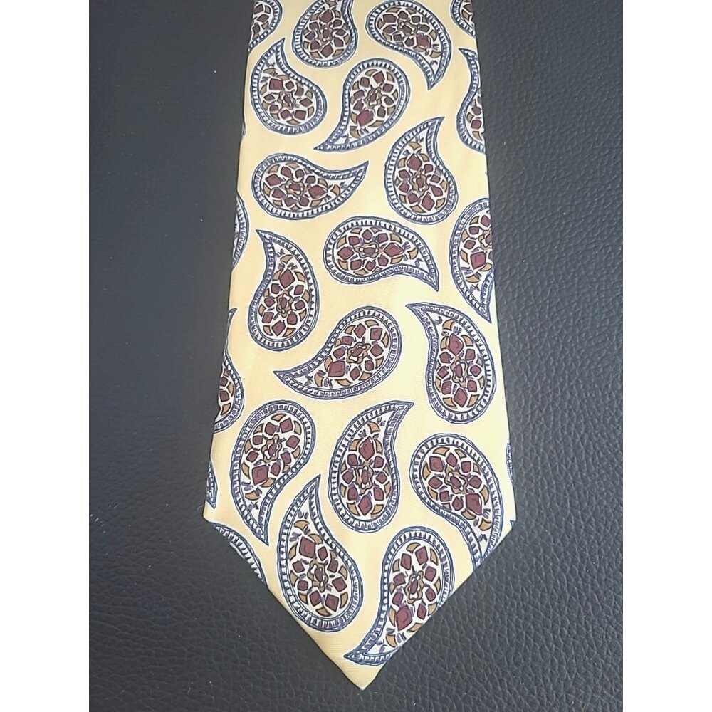 Men’s Neck Tie Lands End 100% Silk Paisley Print Cream Maroon Blue Silver